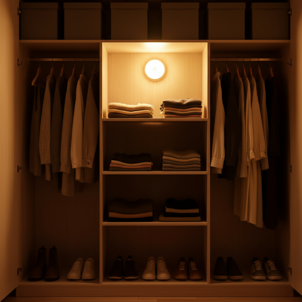 Luz nocturna LED interior armario iluminando ropa