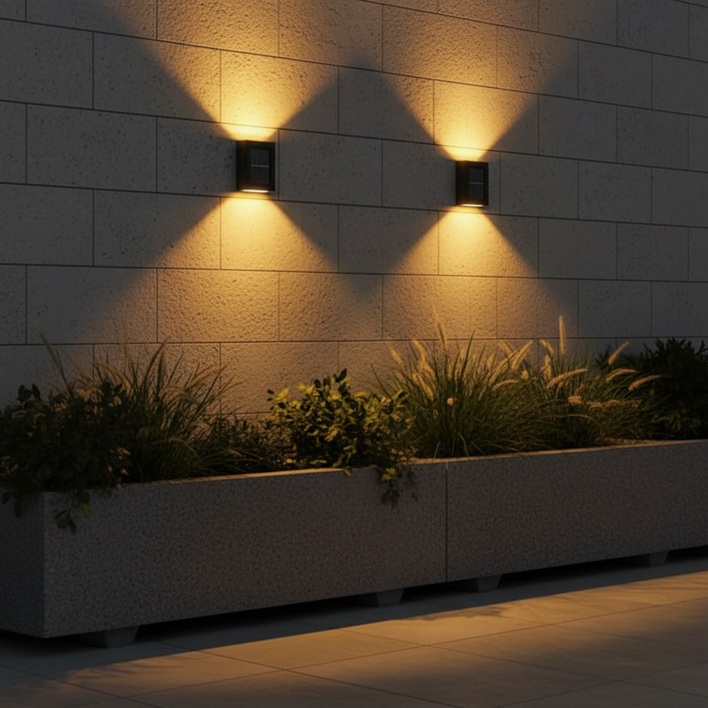 Apliques solares pared piedra exterior noche